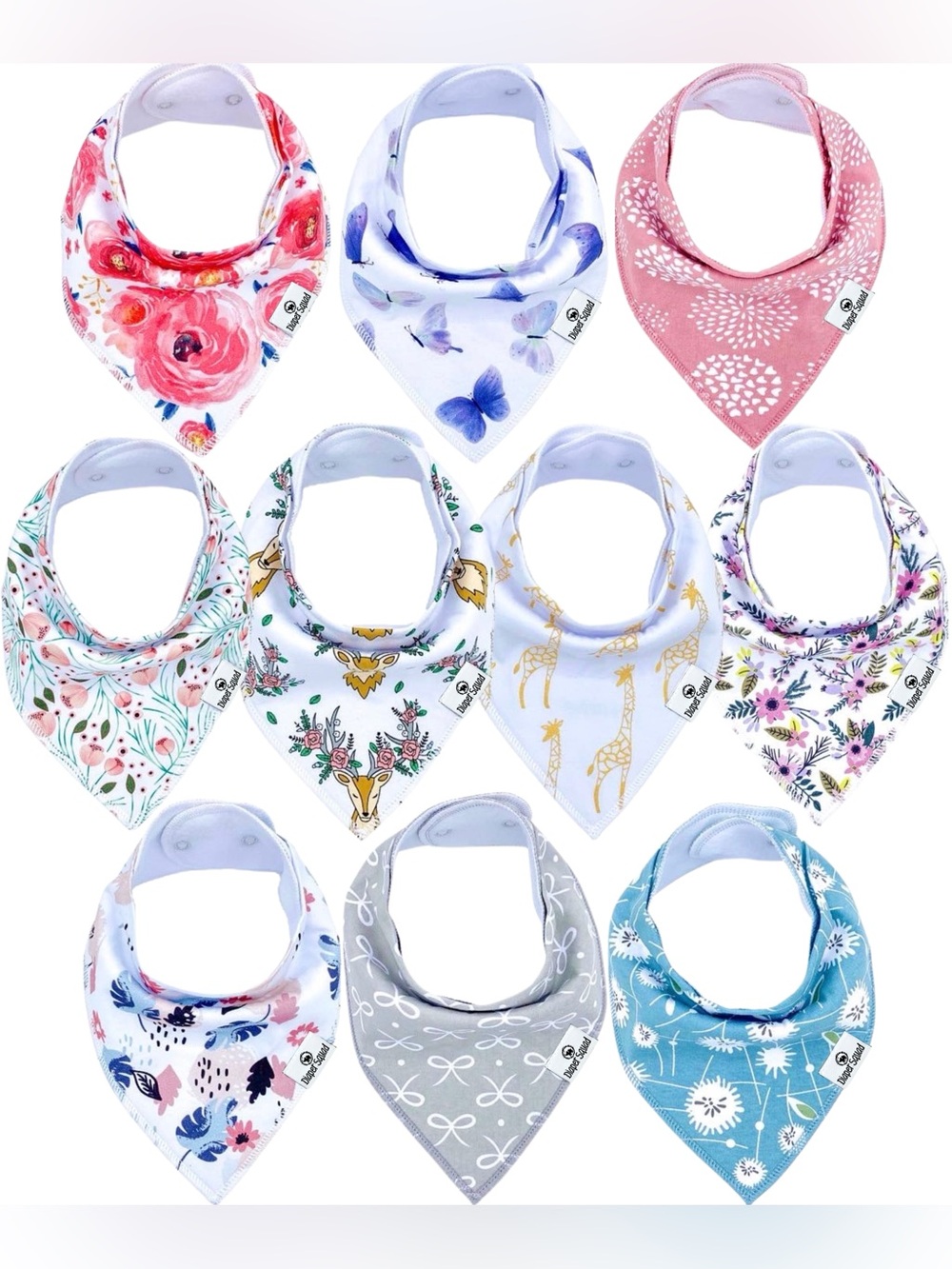 Diaper Squad 10 pack Girly Organic Cotton & Fleece Baby Bandana Drool Bibs Set